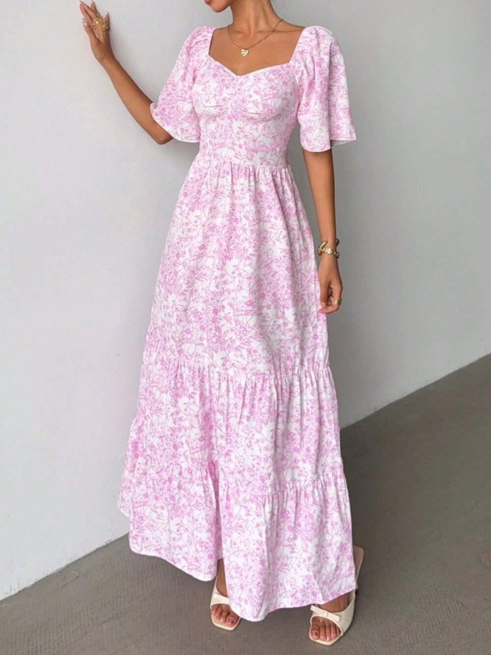 Pink Boho Women's Short Sleeve Beach Ditsy Floral Maxi Dress - Picture 5 of 6